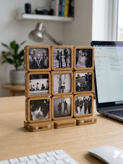 Story 9 Memories Solid Oak Magnetic Photo Frame Set, Expandable Memory Board, 9 Photo Grid, Anniversary Gift, Gallery Wall