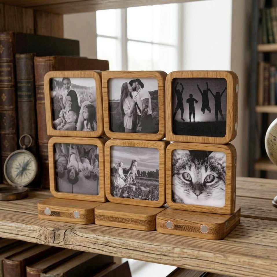 Story 6 Memories Solid Oak Magnetic Photo Frame Set, Expandable Memory Board, 6 Photo Grid, Family Gift, Wall Gallery