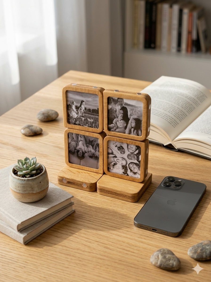 Story 4 Memories Solid Oak Magnetic Photo Frame Set, Expandable Memory Board, Modular Gallery Wall, Family Photo Gift, Wall Decor